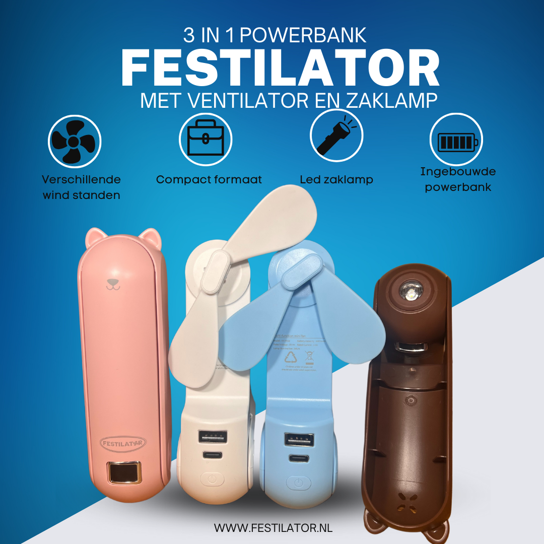 Festilator® 3 in 1 powerbank met ventilator en zaklamp