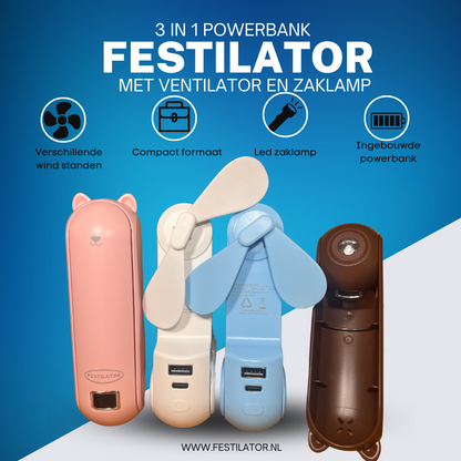 Festilator® 3 in 1 powerbank met ventilator en zaklamp